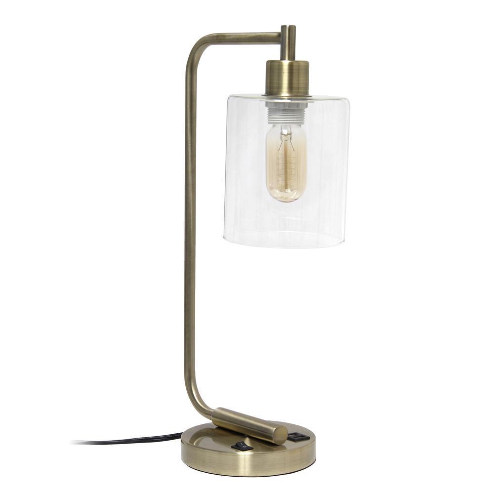 Modern Iron Desk Lamp with USB Port and Glass Shade, Antique Brass. Picture 3