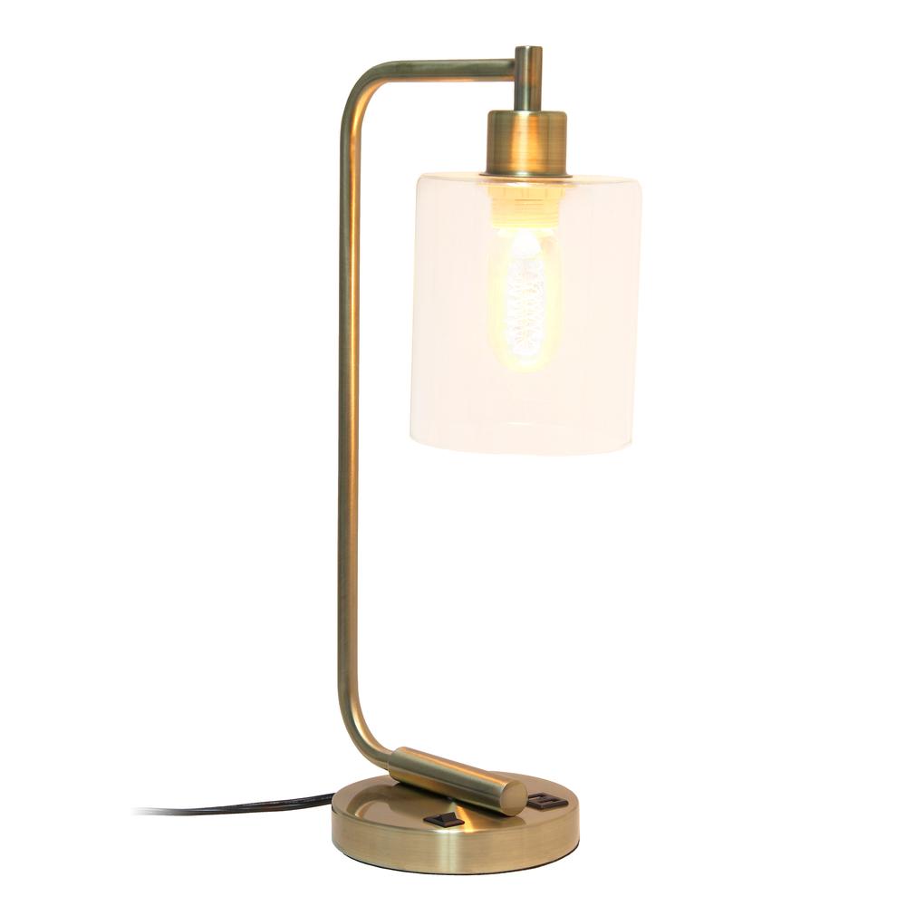 Modern Iron Desk Lamp with USB Port and Glass Shade, Antique Brass. Picture 4