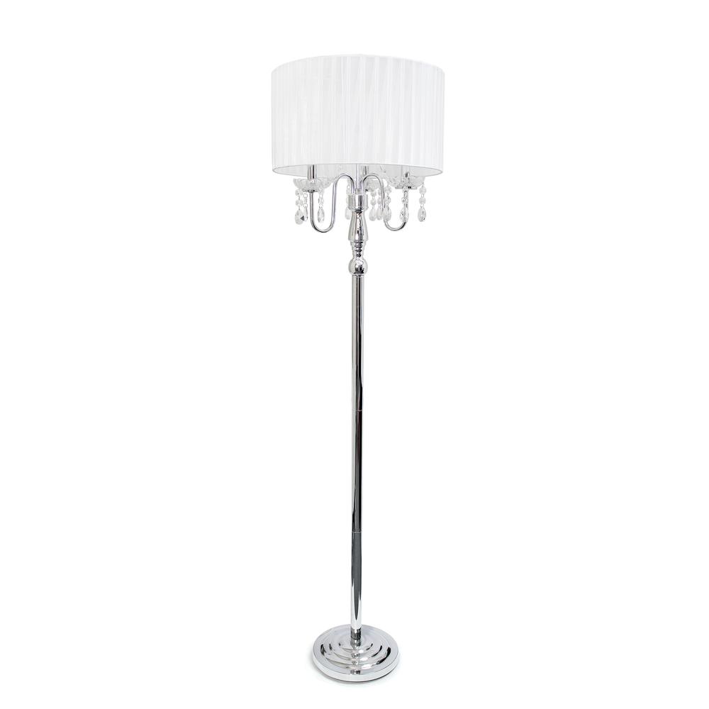 62" Glamorous Chrome Cascading Crystal Floor Lamp, White Shade. Picture 1