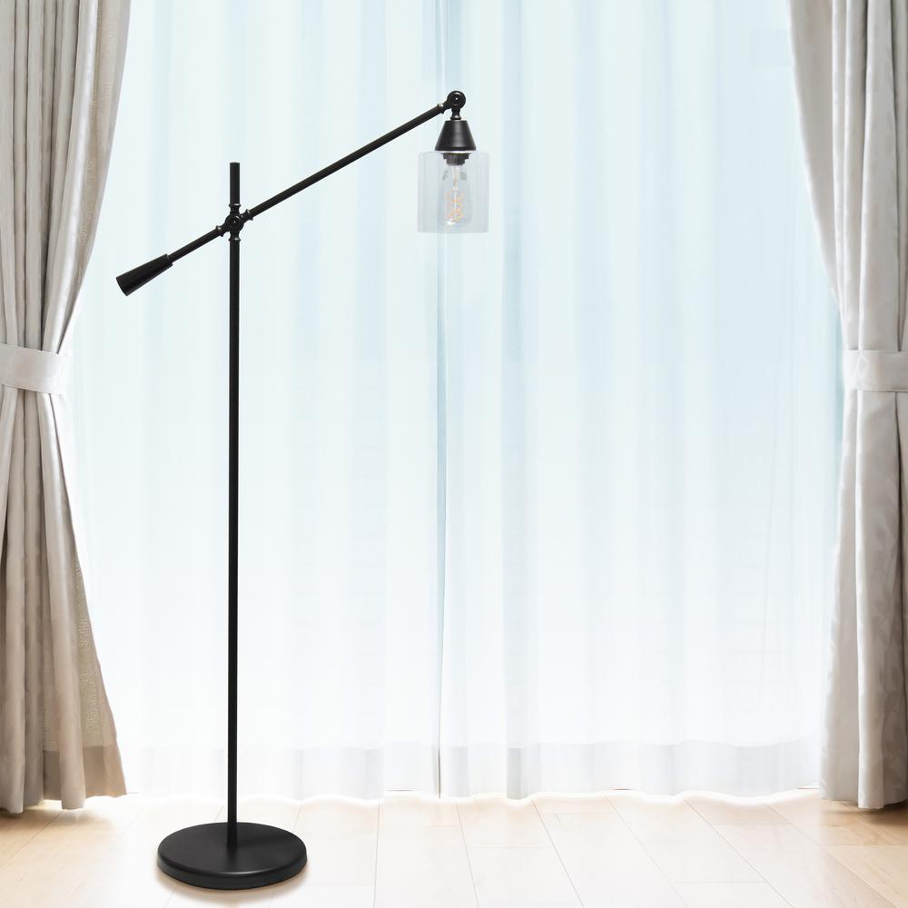 Swing Arm Floor Lamp with Clear Glass Cylindrical Shade, Black Matte. Picture 2