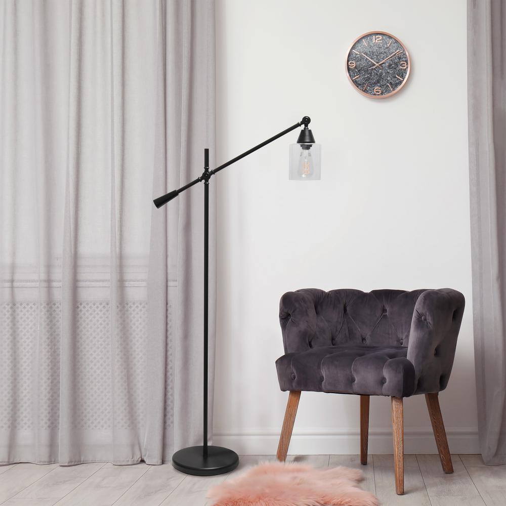 Swing Arm Floor Lamp with Clear Glass Cylindrical Shade, Black Matte. Picture 4
