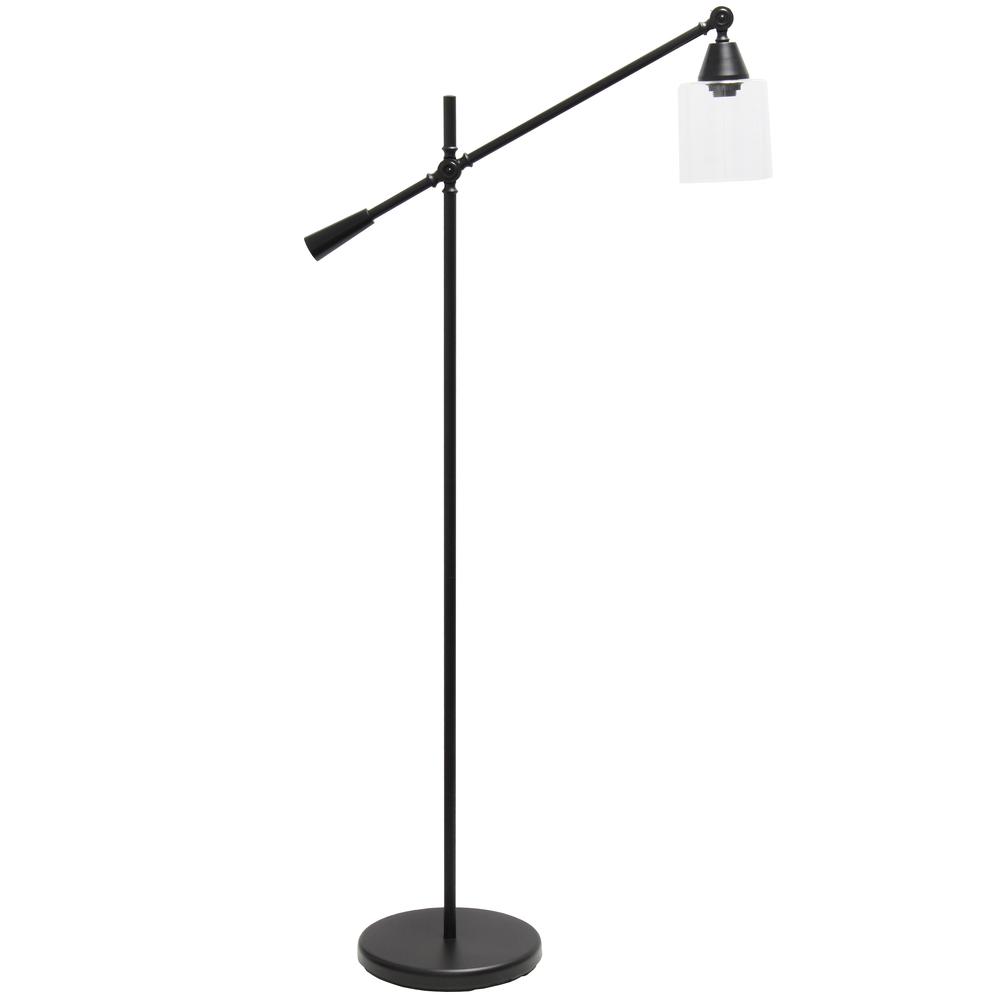 Swing Arm Floor Lamp with Clear Glass Cylindrical Shade, Black Matte. Picture 5