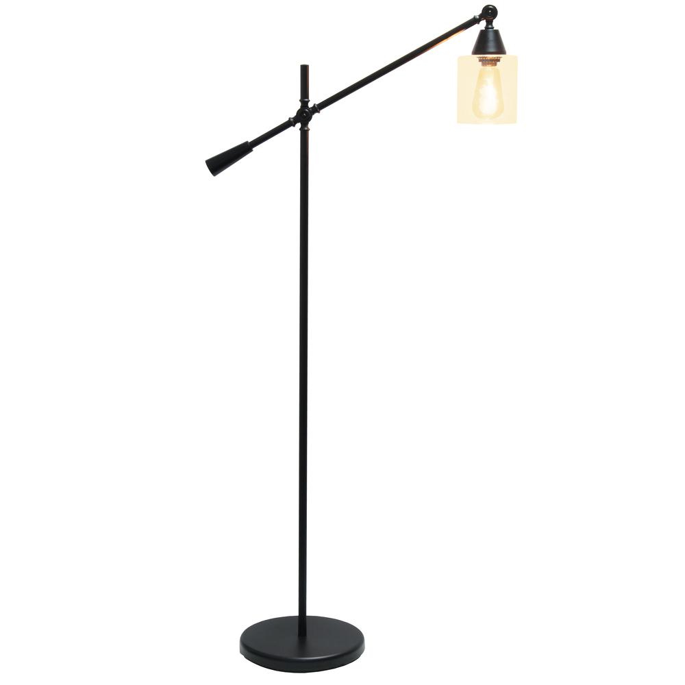 Swing Arm Floor Lamp with Clear Glass Cylindrical Shade, Black Matte. Picture 6