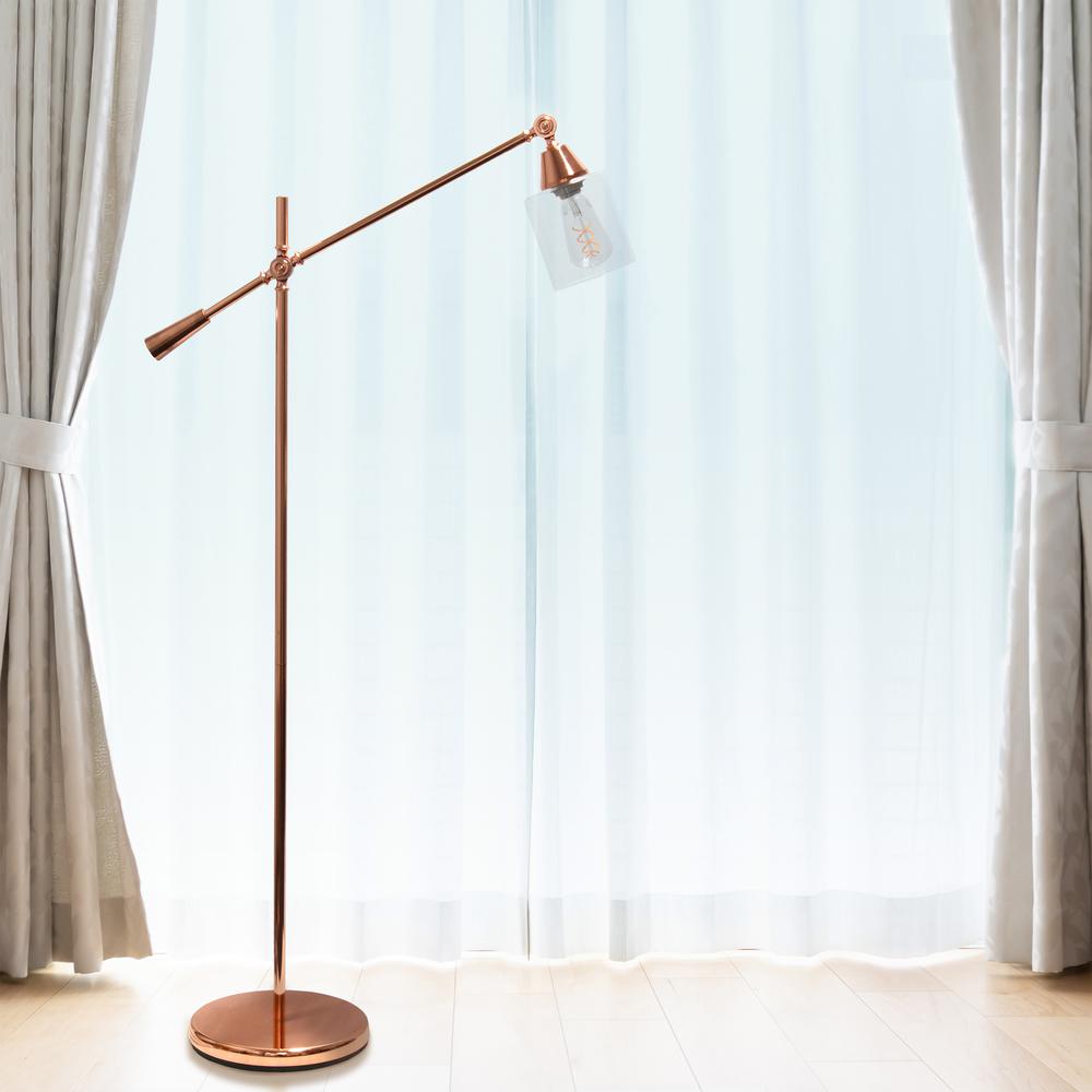 Swing Arm Floor Lamp with Clear Glass Cylindrical Shade, Rose Gold. Picture 2