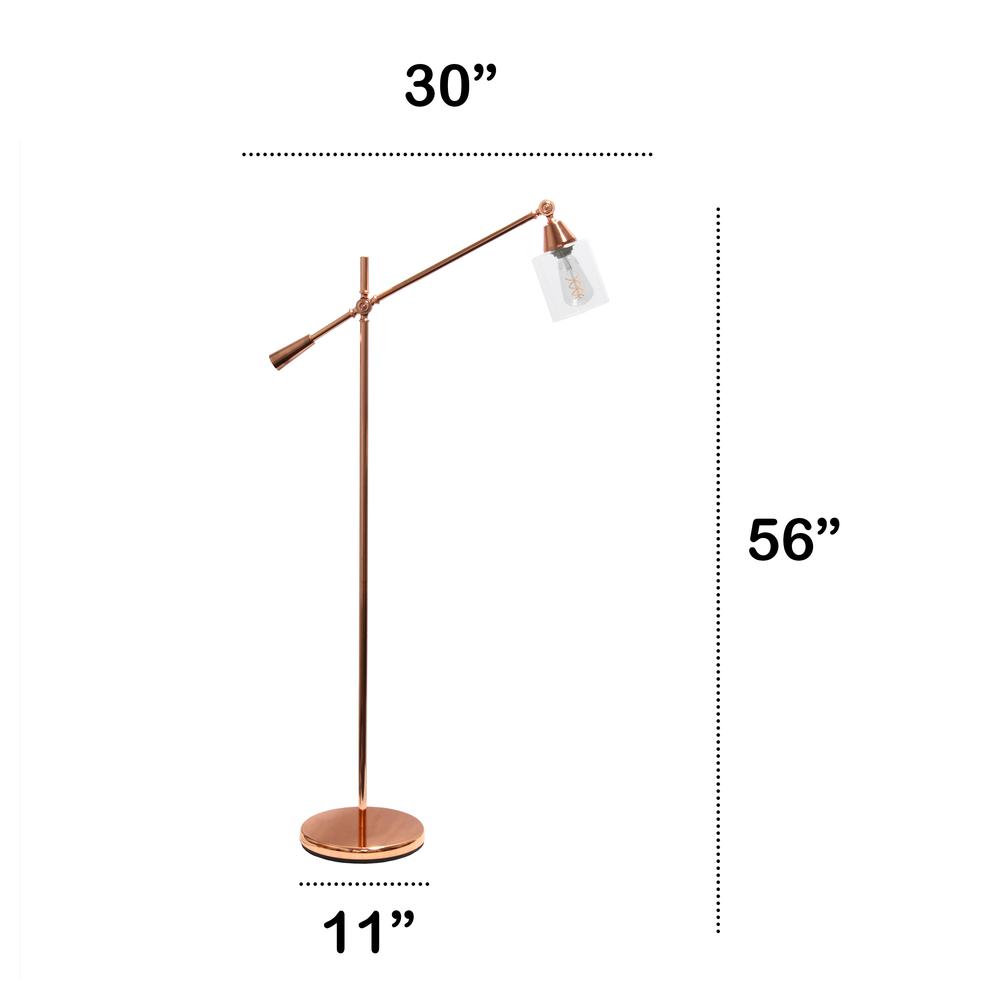 Swing Arm Floor Lamp with Clear Glass Cylindrical Shade, Rose Gold. Picture 3