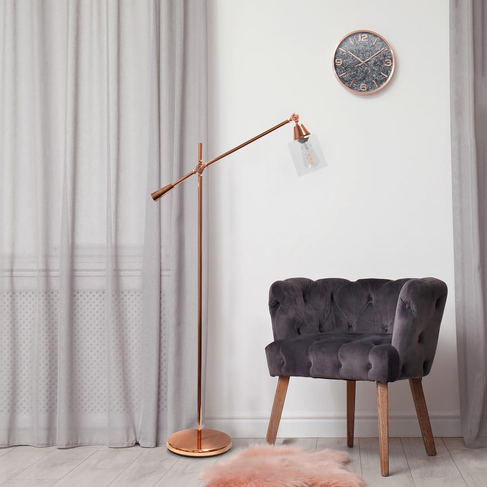 Swing Arm Floor Lamp with Clear Glass Cylindrical Shade, Rose Gold. Picture 4