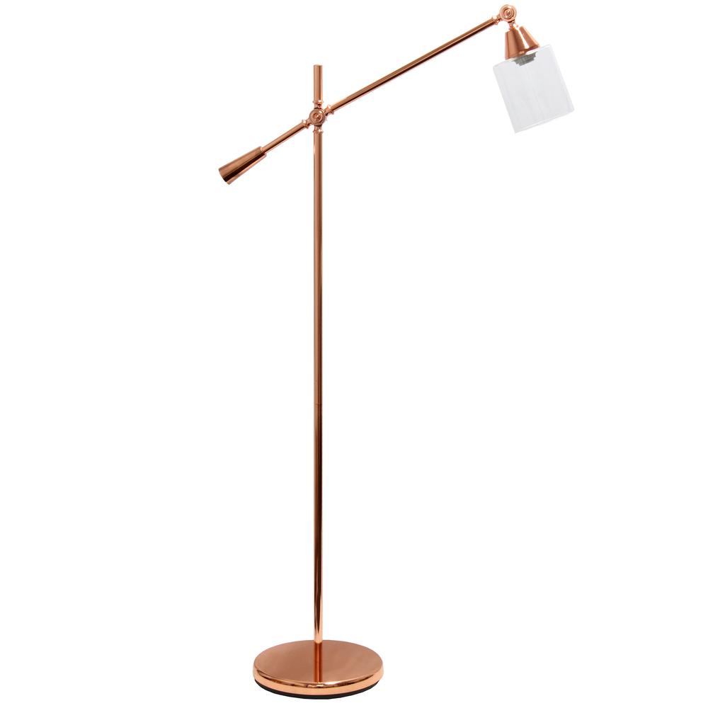 Swing Arm Floor Lamp with Clear Glass Cylindrical Shade, Rose Gold. Picture 5