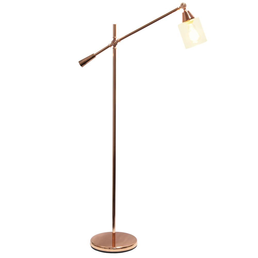 Swing Arm Floor Lamp with Clear Glass Cylindrical Shade, Rose Gold. Picture 6