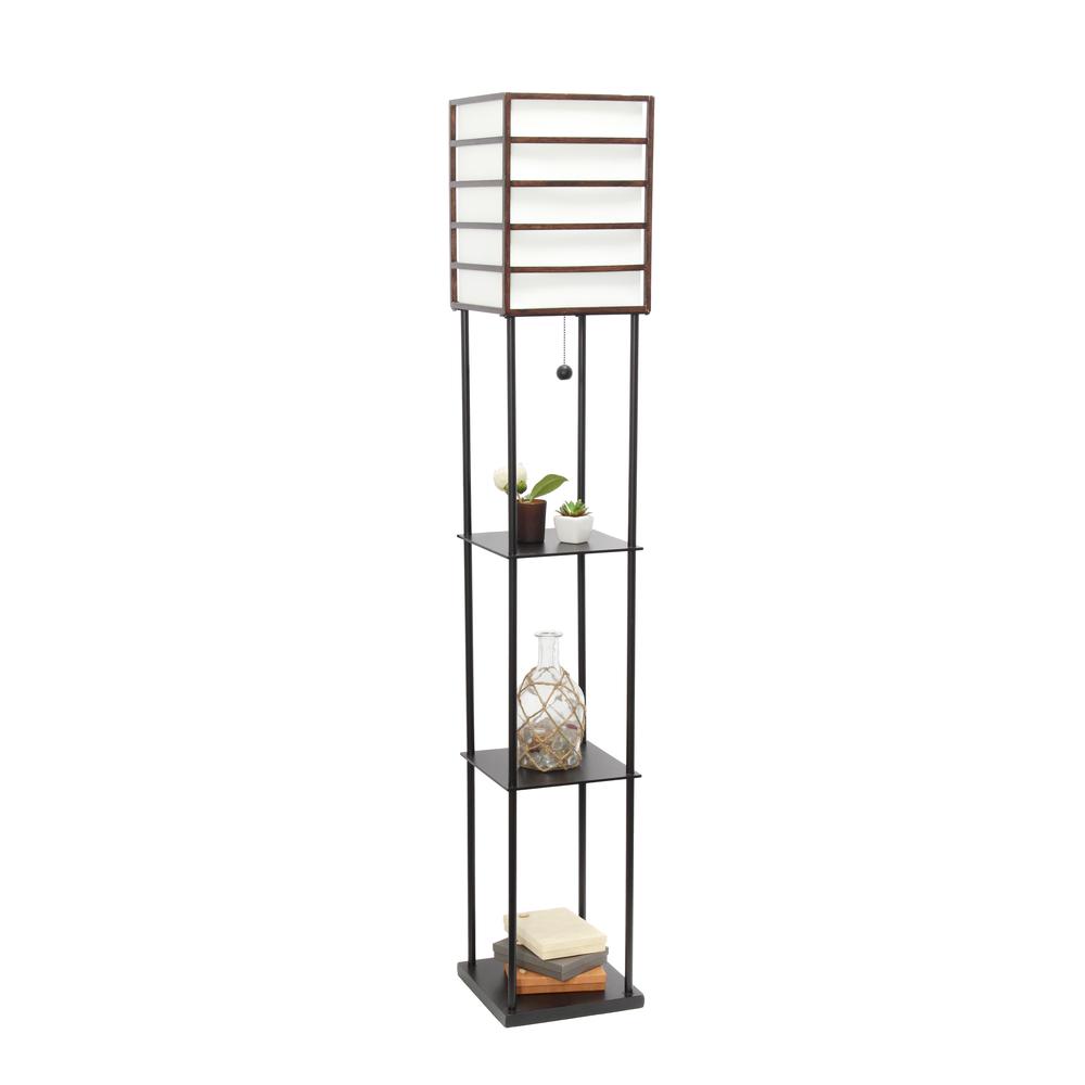 Lalia Home 1 Light Metal Etagere Floor Lamp with Storage Shelves and Linen Shade, Dark Wood. The main picture.