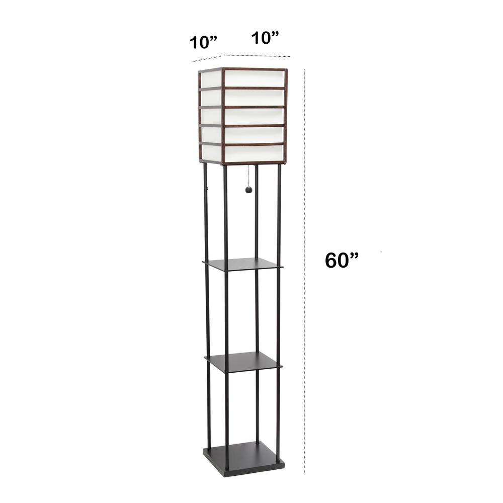 Lalia Home 1 Light Metal Etagere Floor Lamp with Storage Shelves and Linen Shade, Dark Wood. Picture 3