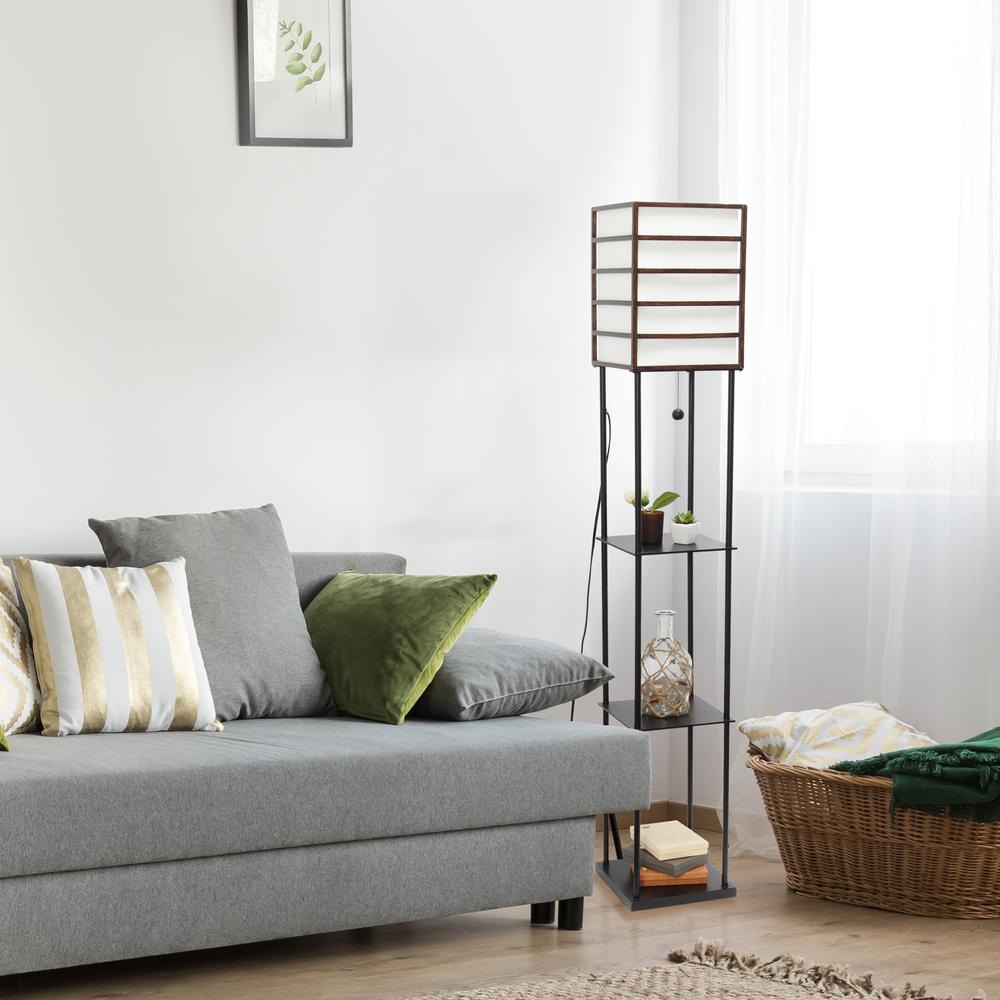 Lalia Home 1 Light Metal Etagere Floor Lamp with Storage Shelves and Linen Shade, Dark Wood. Picture 4