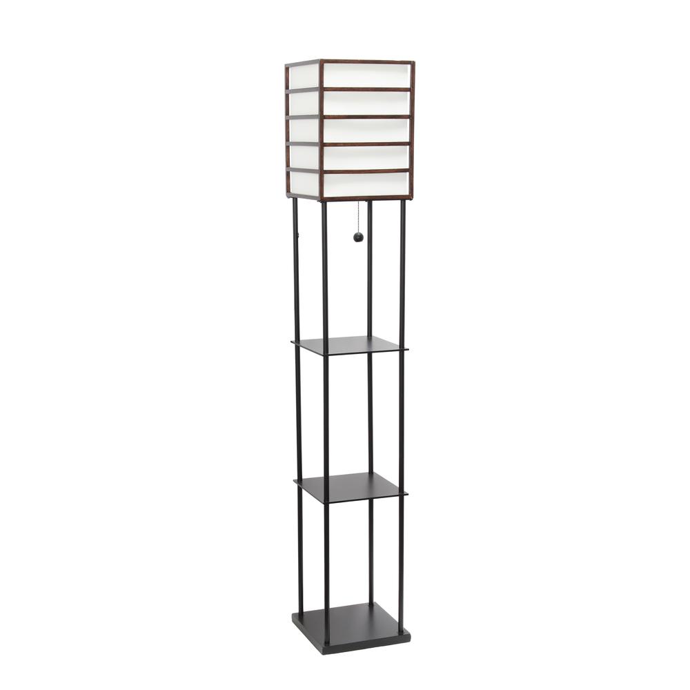 Lalia Home 1 Light Metal Etagere Floor Lamp with Storage Shelves and Linen Shade, Dark Wood. Picture 5