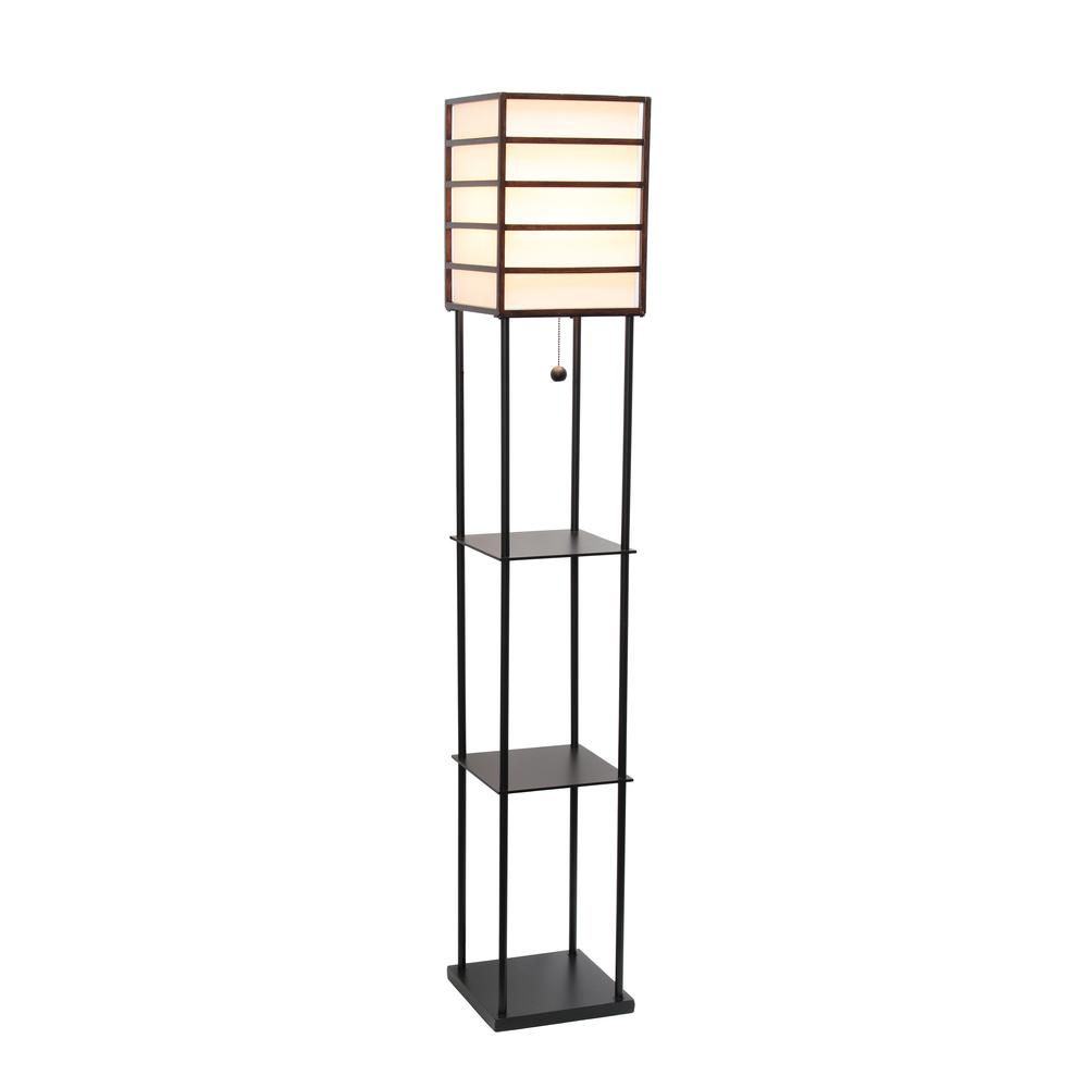 Lalia Home 1 Light Metal Etagere Floor Lamp with Storage Shelves and Linen Shade, Dark Wood. Picture 6