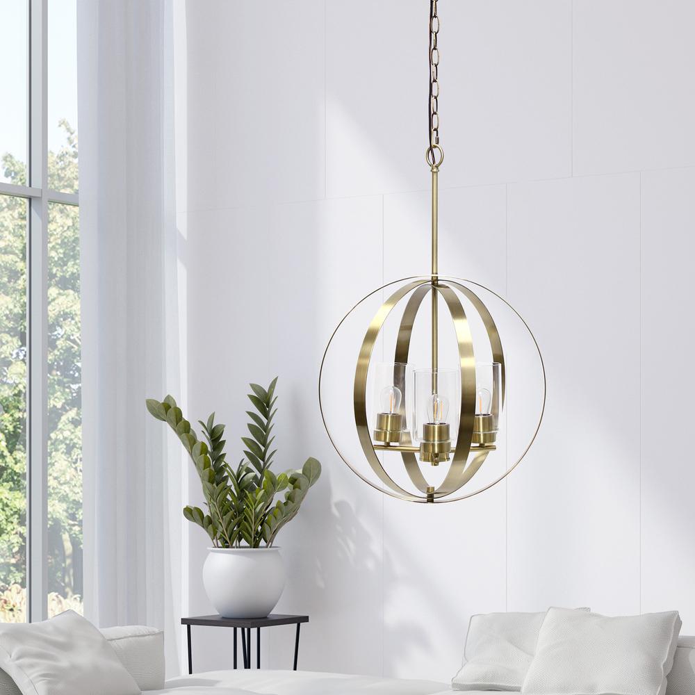3-Light 18" Adjustable Globe Hanging Metal and Clear Glass Ceiling Pendant. Picture 4