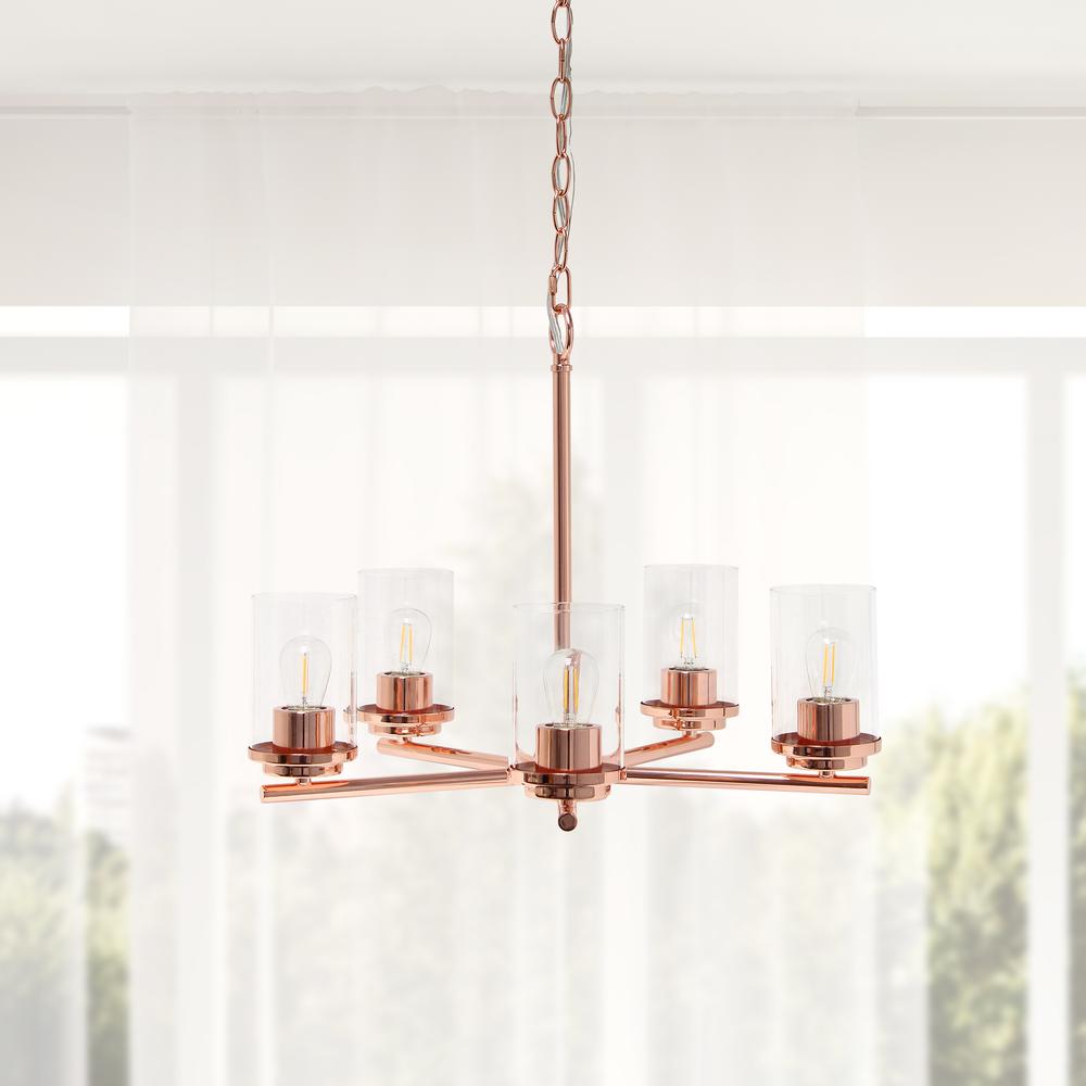 Lalia Home 5-Light 20.5" Classic Contemporary Clear Glass and Metal Hanging Pendant Chandelier for Kitchen Island Foyer Hallway Living Room Den Dining Room, Rose Gold Rose gold. Picture 2