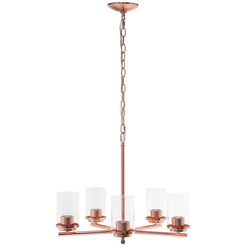 Lalia Home 5-Light 20.5" Classic Contemporary Clear Glass and Metal Hanging Pendant Chandelier for Kitchen Island Foyer Hallway Living Room Den Dining Room, Rose Gold Rose gold. Picture 10