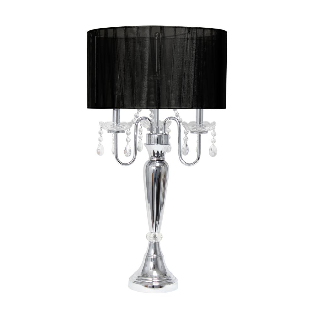31" Chrome Cascading Crystal Table Lamp, Black Shade. Picture 1