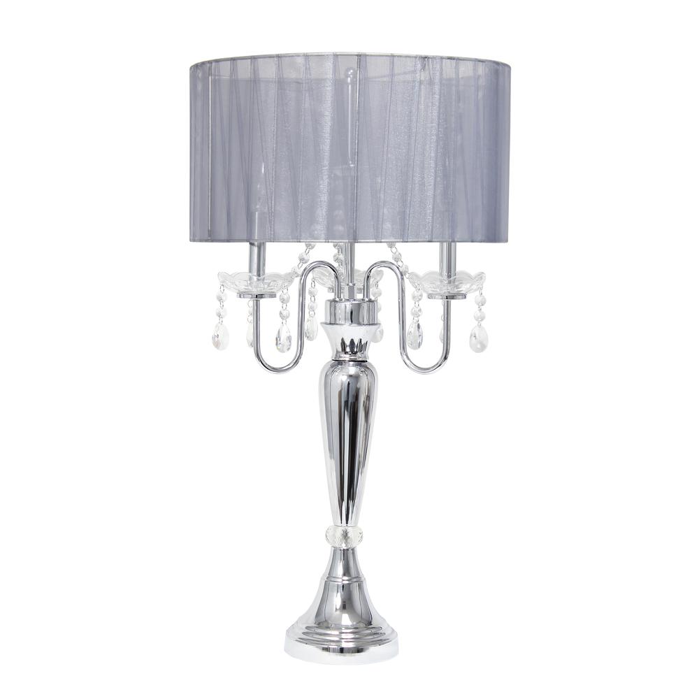 31" Chrome Cascading Crystal Table Lamp, Gray Shade. Picture 1