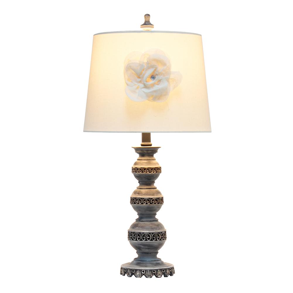 25" Elegant Table Lamp with Flower Adornment, Linen Shade, Aged Bronze. Picture 10