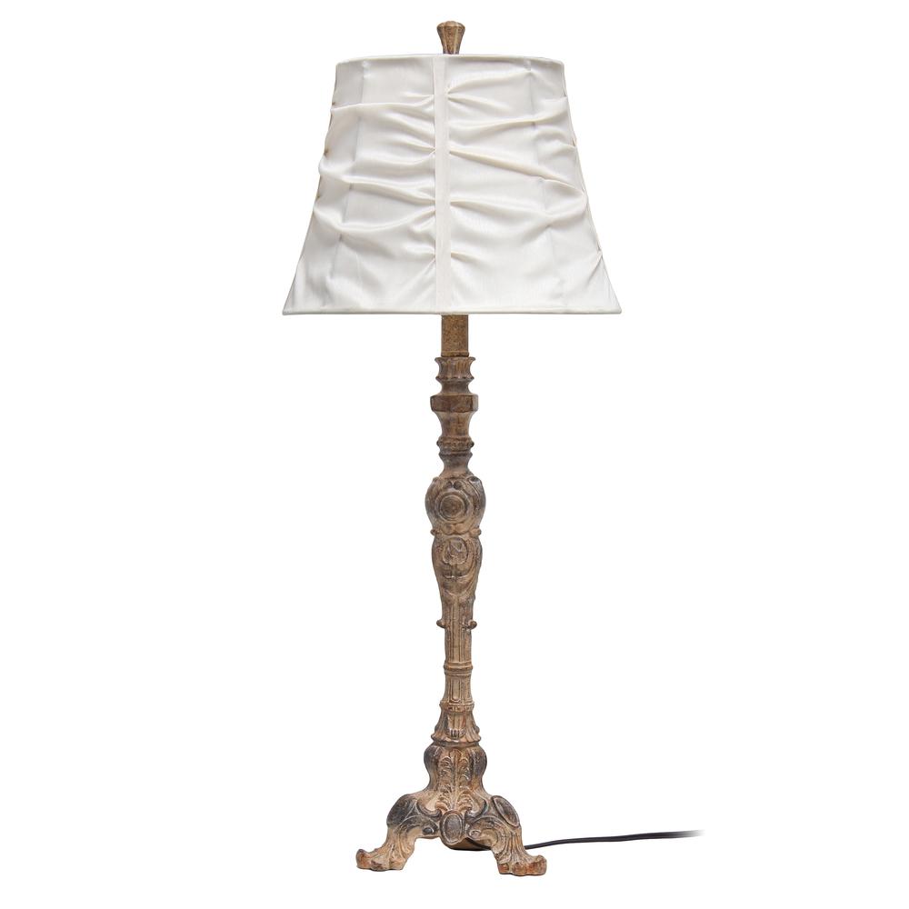31" Tall Vintage Embellished Table Lamp with Ruffled Cream Shade, Antique Color. Picture 2