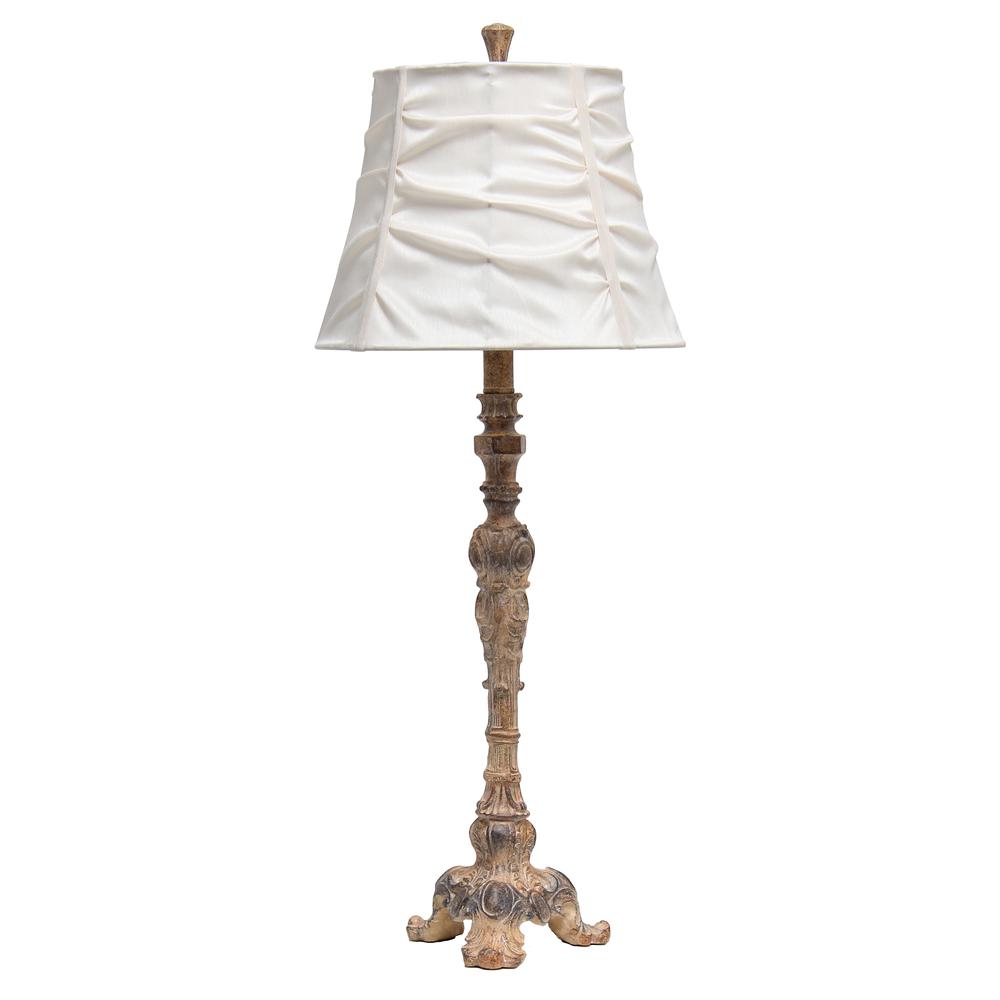31" Tall Vintage Embellished Table Lamp with Ruffled Cream Shade, Antique Color. Picture 1