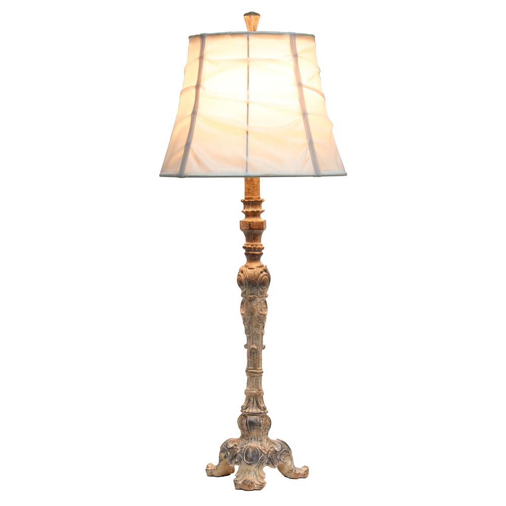 31" Tall Vintage Embellished Table Lamp with Ruffled Cream Shade, Antique Color. Picture 9