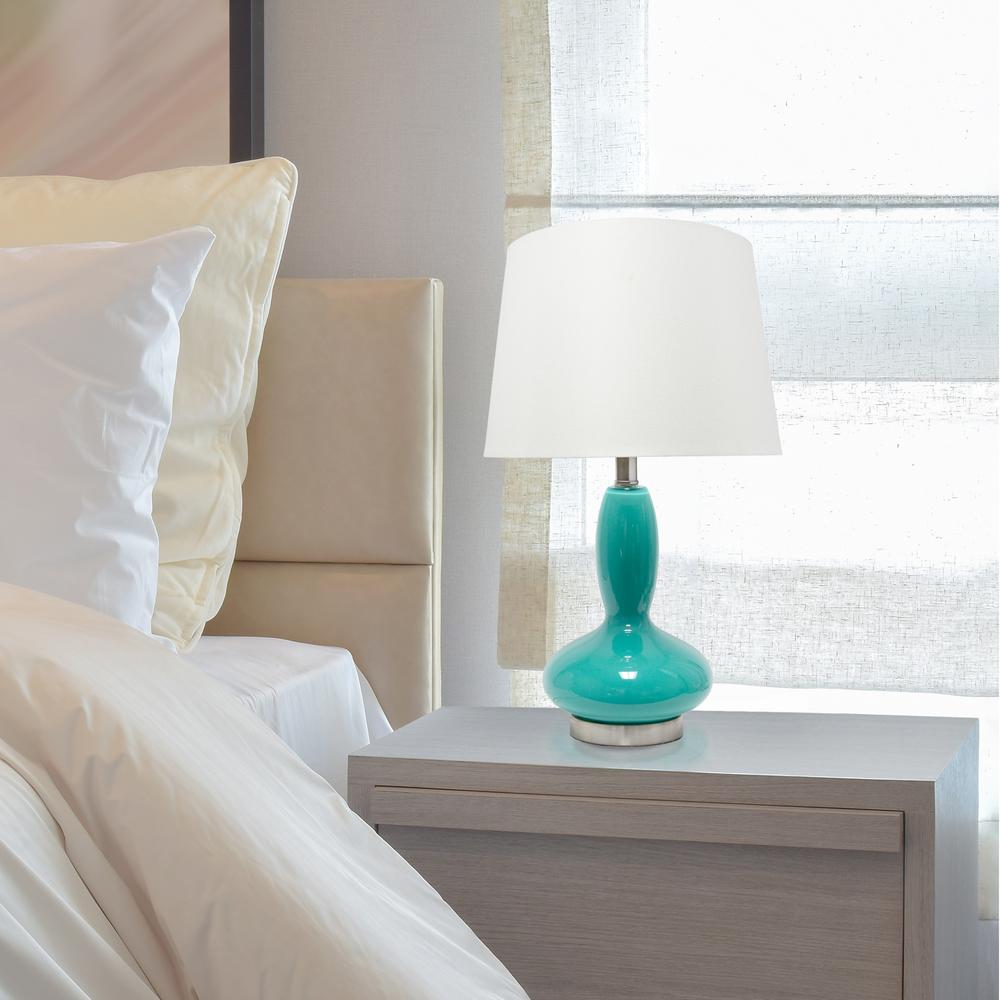 Glass Dollop Table Lamp with White Fabric Shade, Teal. Picture 2