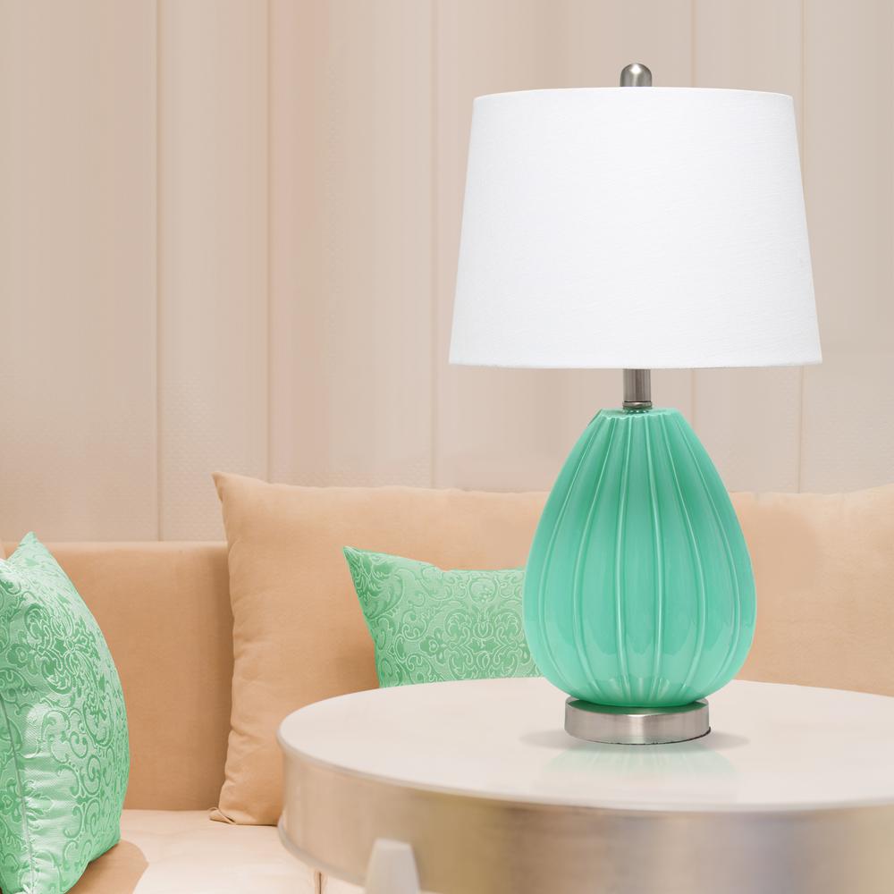 Pleated Table Lamp with White Fabric Shade, Seafoam. Picture 2