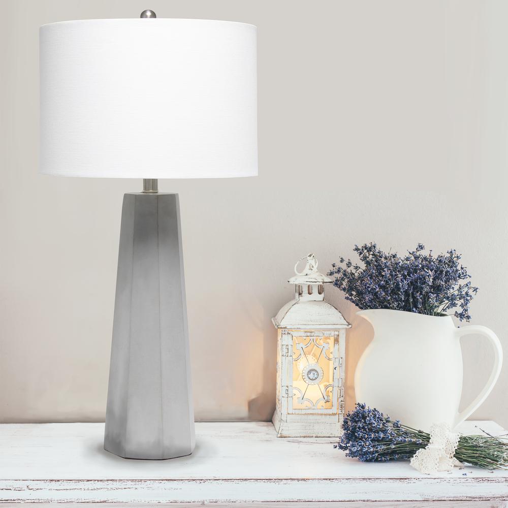 Concrete Pillar Table Lamp with White Fabric Shade. Picture 1
