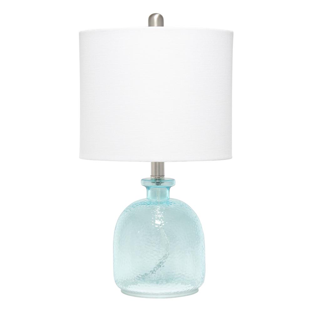 Lalia Home Clear Blue Hammered Glass Jar Table Lamp with White Linen Shade. Picture 17