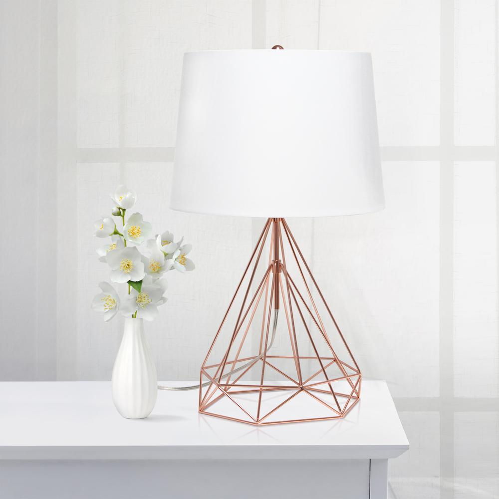 Geometric Rose Gold Wired Table Lamp with Fabric Shade. Picture 2