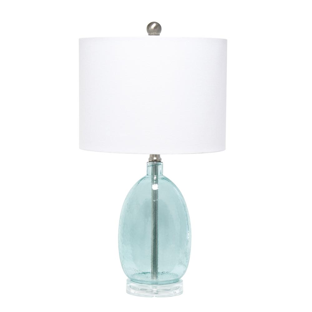 Oval Glass Table Lamp with White Drum Shade, Clear Blue. Picture 6