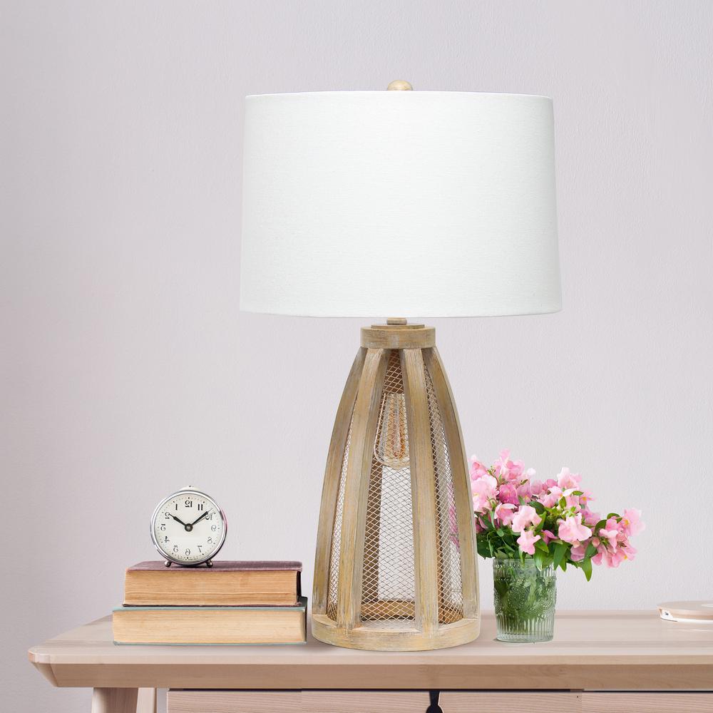 Wooded Arch Farmhouse Table Lamp with White Fabric Shade, Natural. Picture 2