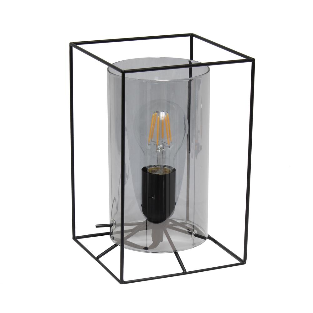 Black Framed Table Lamp with Smoked Cylinder Glass Shade, Small. Picture 4