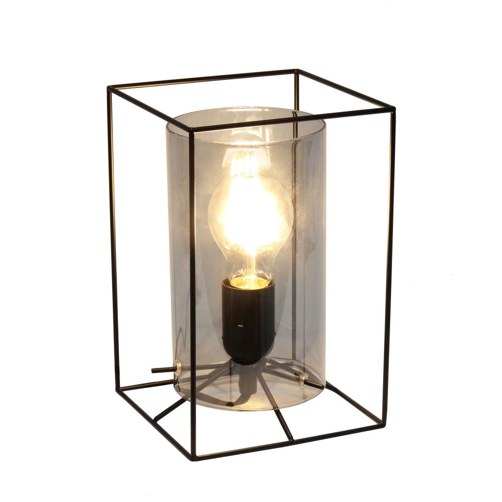 Black Framed Table Lamp with Smoked Cylinder Glass Shade, Small. Picture 5
