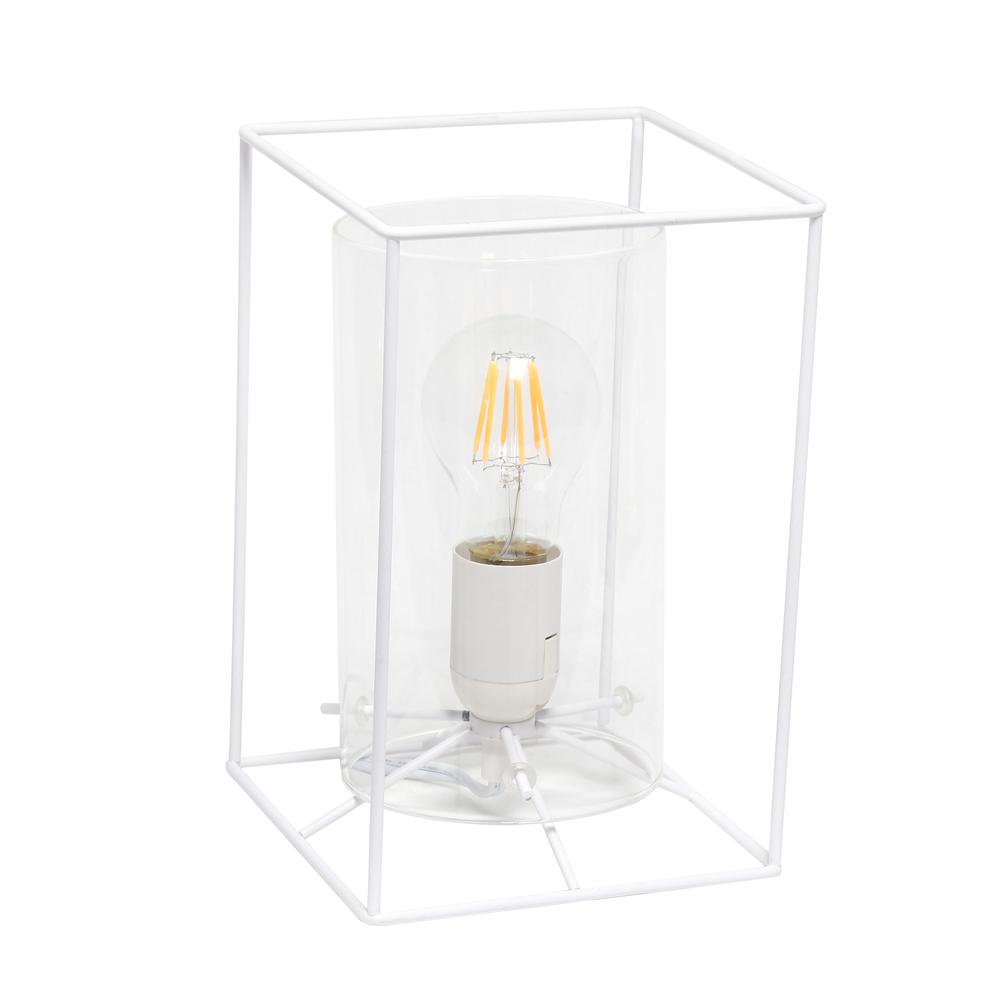 White Framed Table Lamp with Clear Cylinder Glass Shade, Small. Picture 4