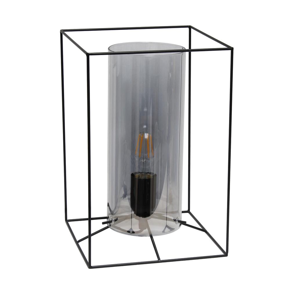 Black Framed Table Lamp with Smoked Cylinder Glass Shade, Large. Picture 4