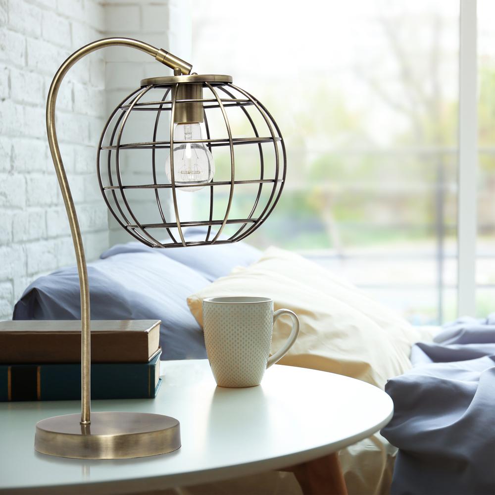 Arched Metal Cage Table Lamp, Antique Brass. Picture 4