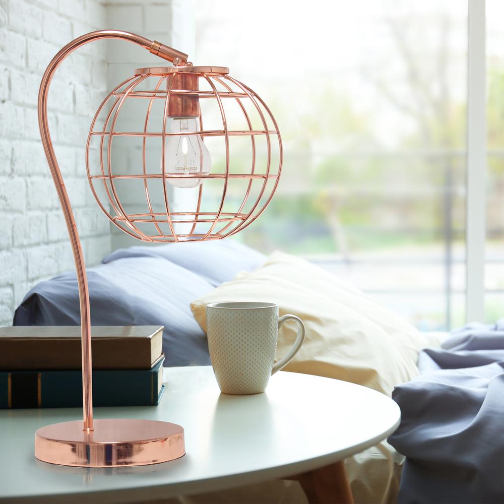 Arched Metal Cage Table Lamp, Rose Gold. Picture 4