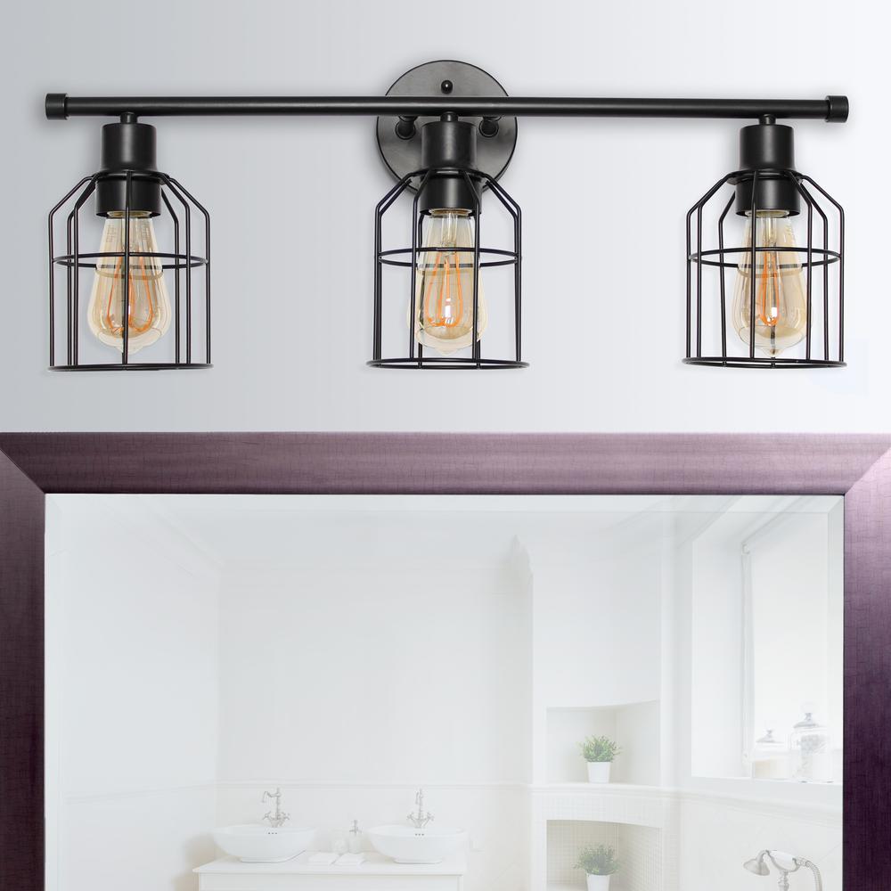 3 Light Industrial Wired Vanity Light, Matte Black. Picture 1