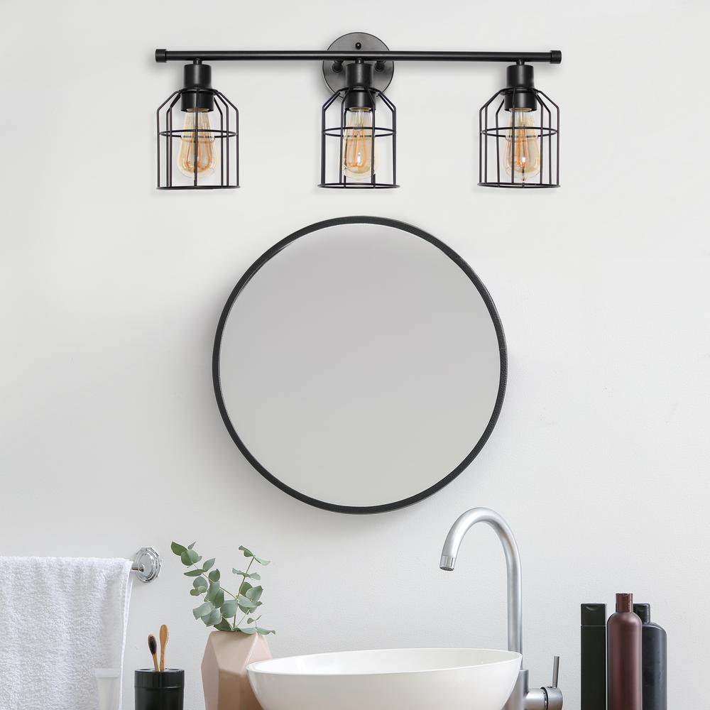 3 Light Industrial Wired Vanity Light, Matte Black. Picture 4