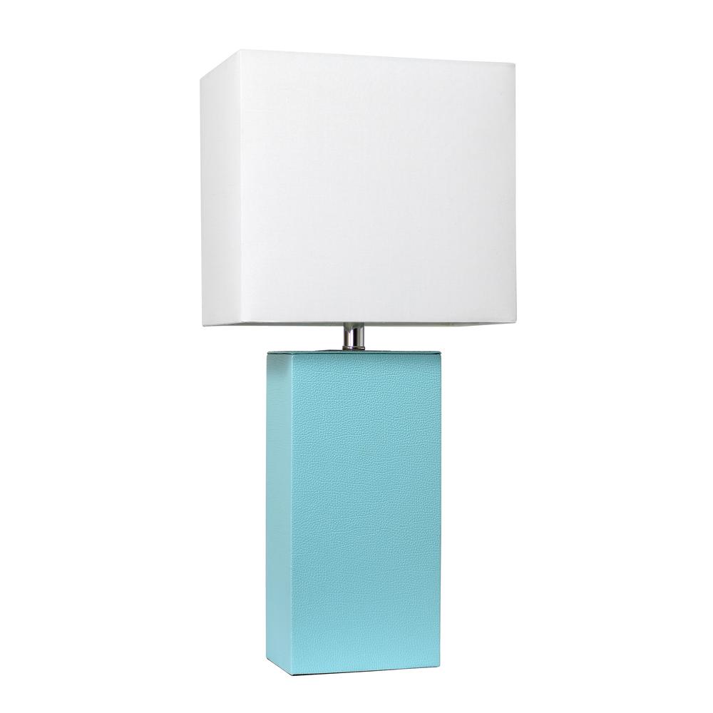 Modern Leather Table Lamp with White Fabric Shade, Aqua. Picture 1