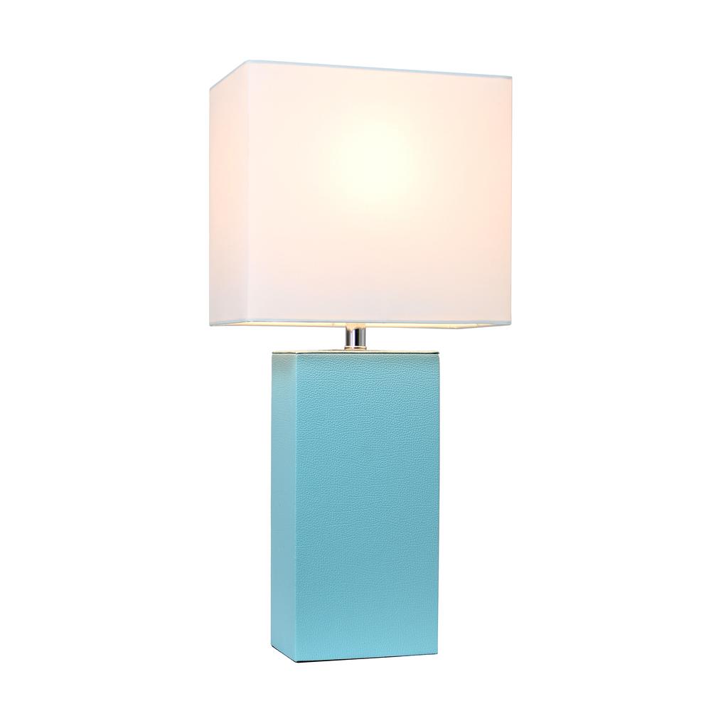 Modern Leather Table Lamp with White Fabric Shade, Aqua. Picture 3