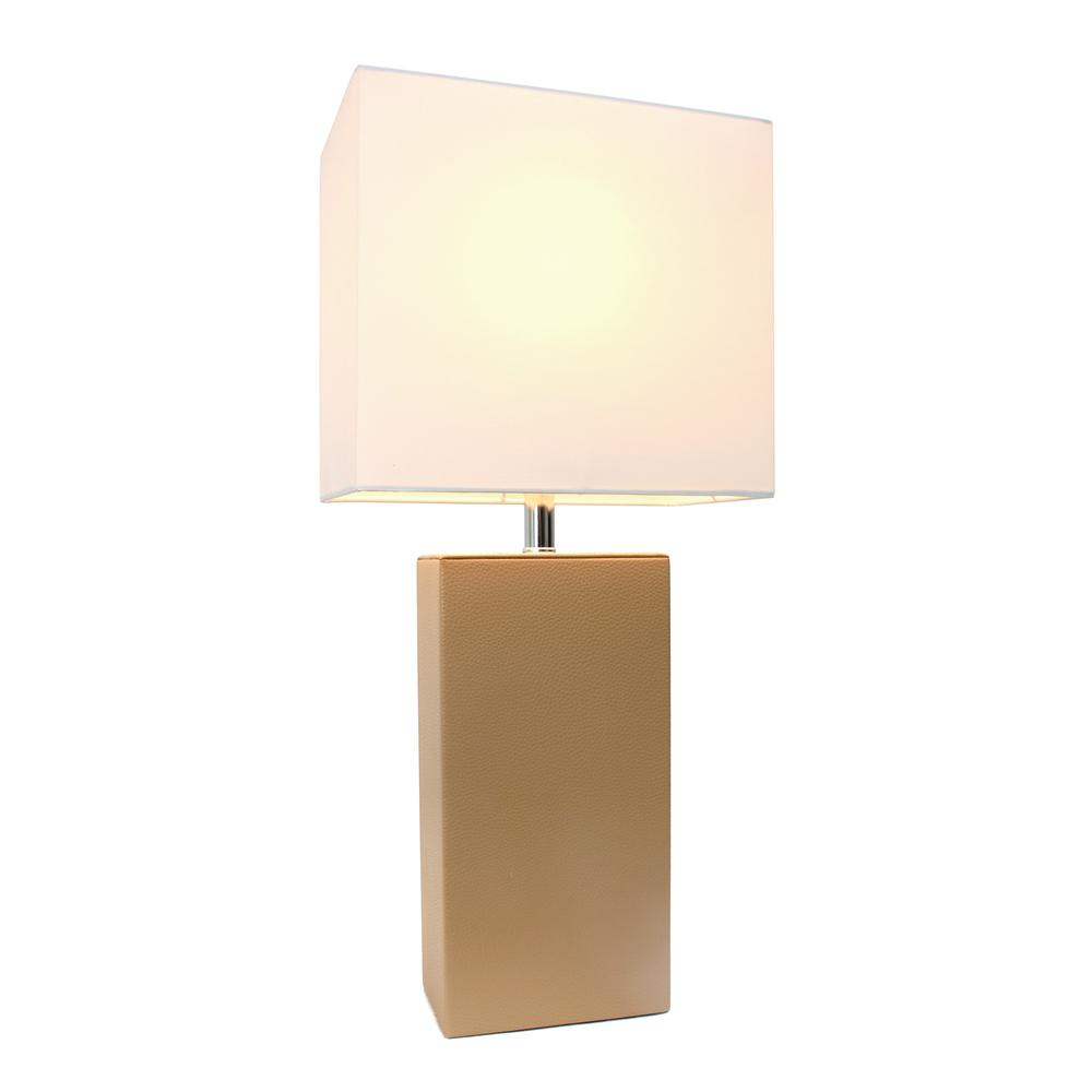 Modern Leather Table Lamp with White Fabric Shade, Beige. Picture 1