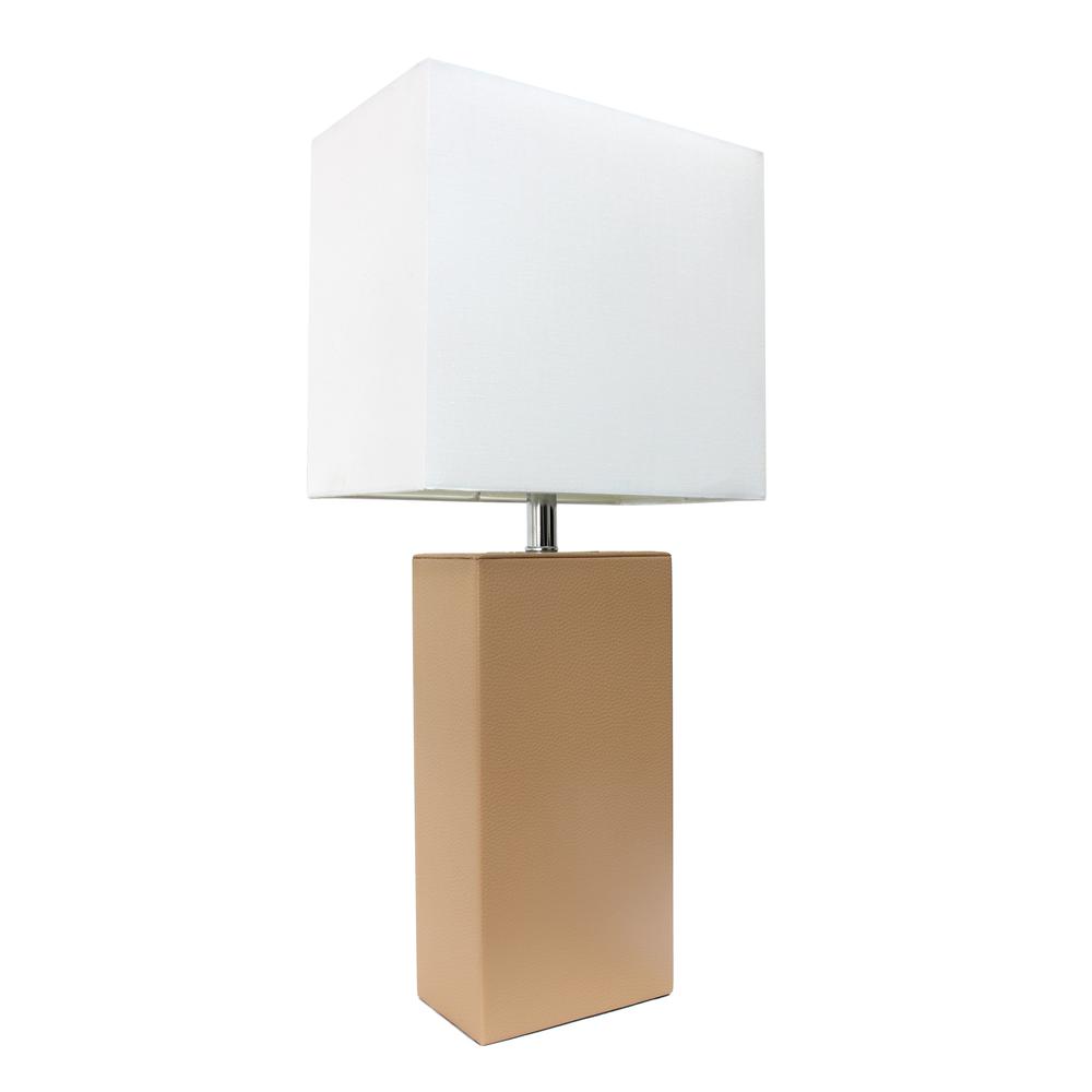 Modern Leather Table Lamp with White Fabric Shade, Beige. Picture 3