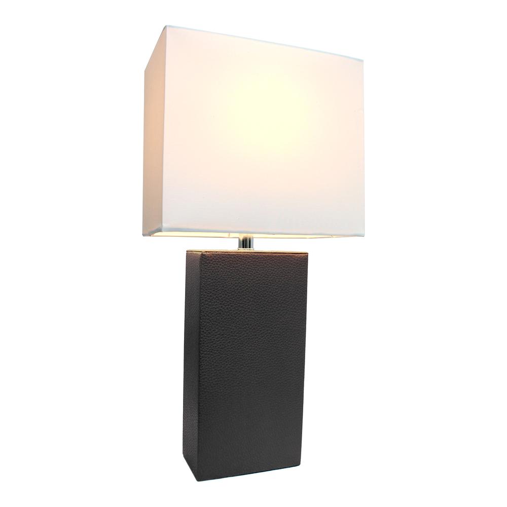 Modern Leather Table Lamp with White Fabric Shade, Black. Picture 1