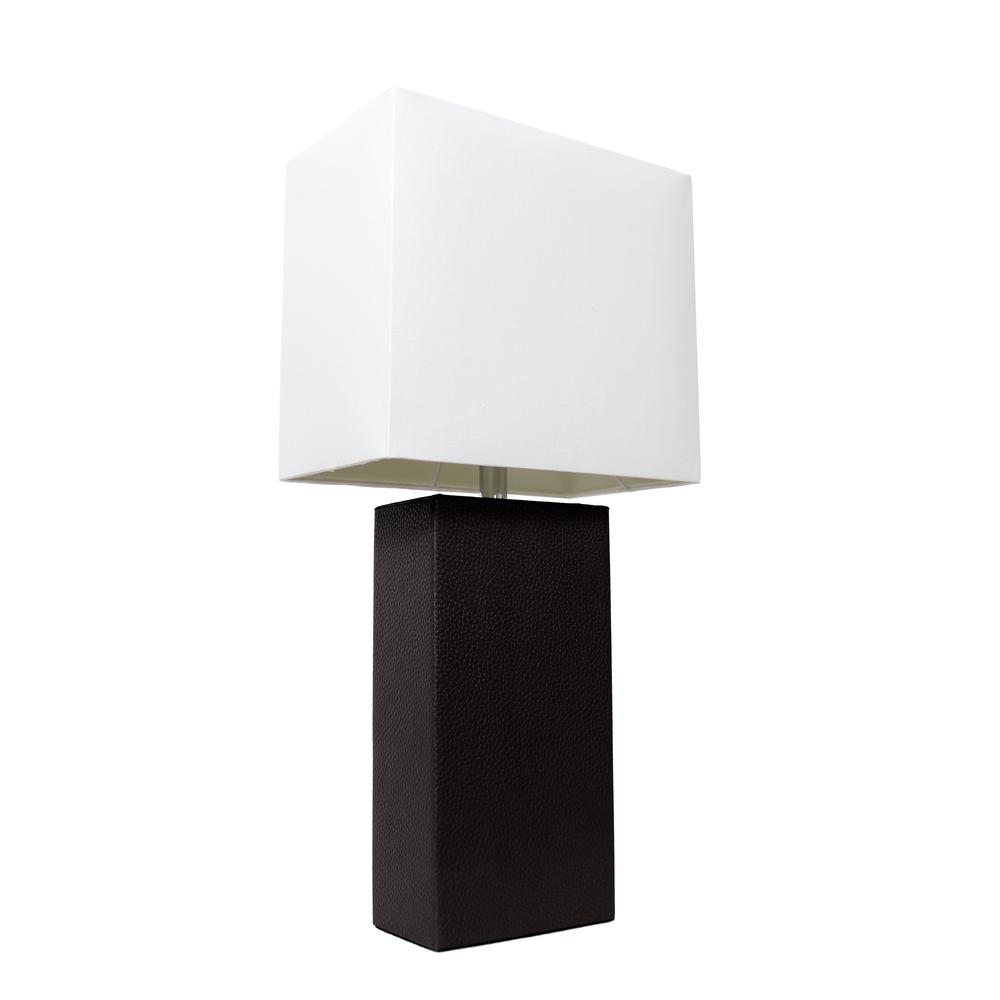 Modern Leather Table Lamp with White Fabric Shade, Black. Picture 5