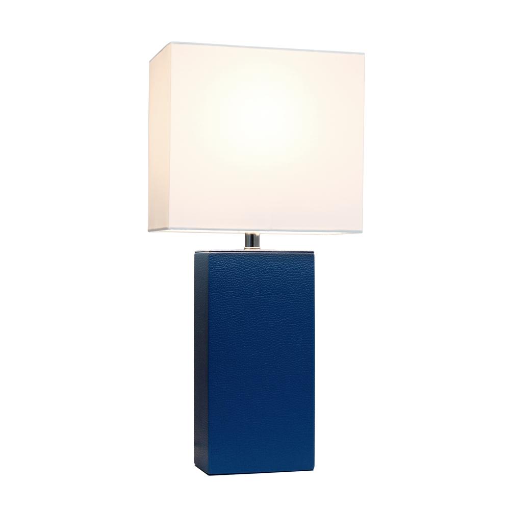 Modern Leather Table Lamp with White Fabric Shade, Blue. Picture 1