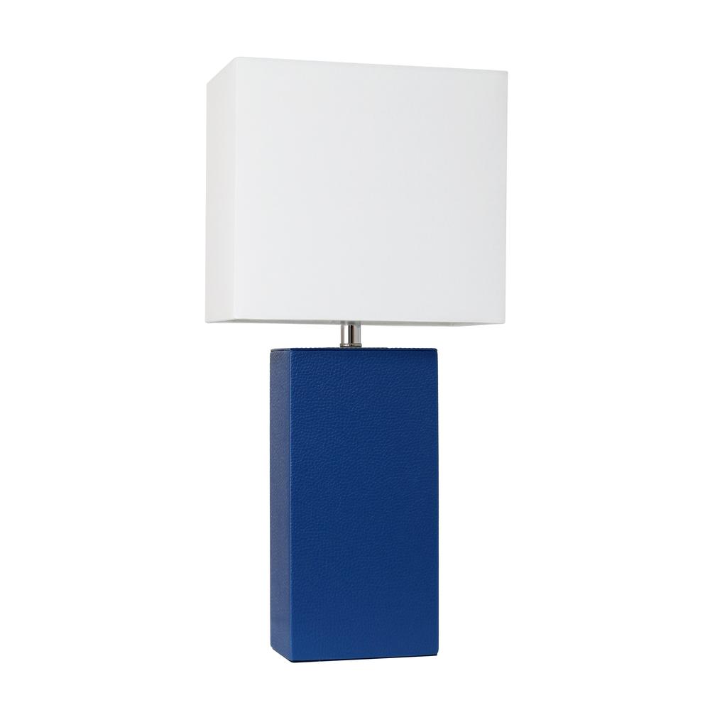 Modern Leather Table Lamp with White Fabric Shade, Blue. Picture 3
