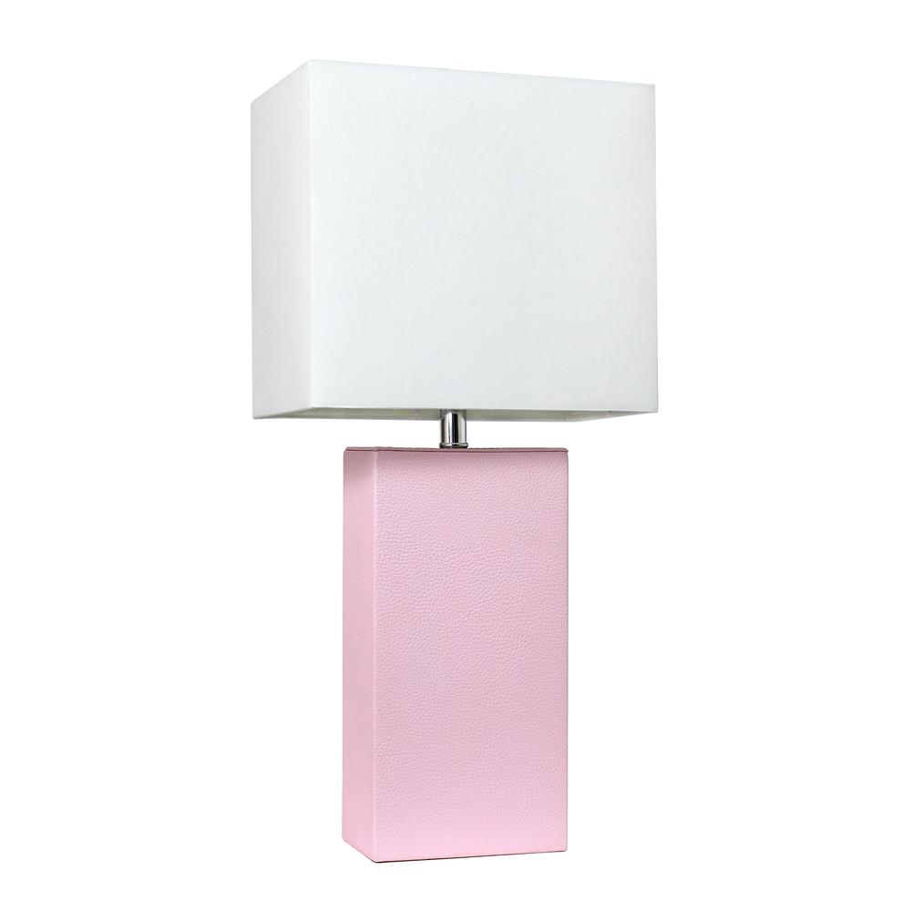 Modern Leather Table Lamp with White Fabric Shade, Blush Pink. Picture 1